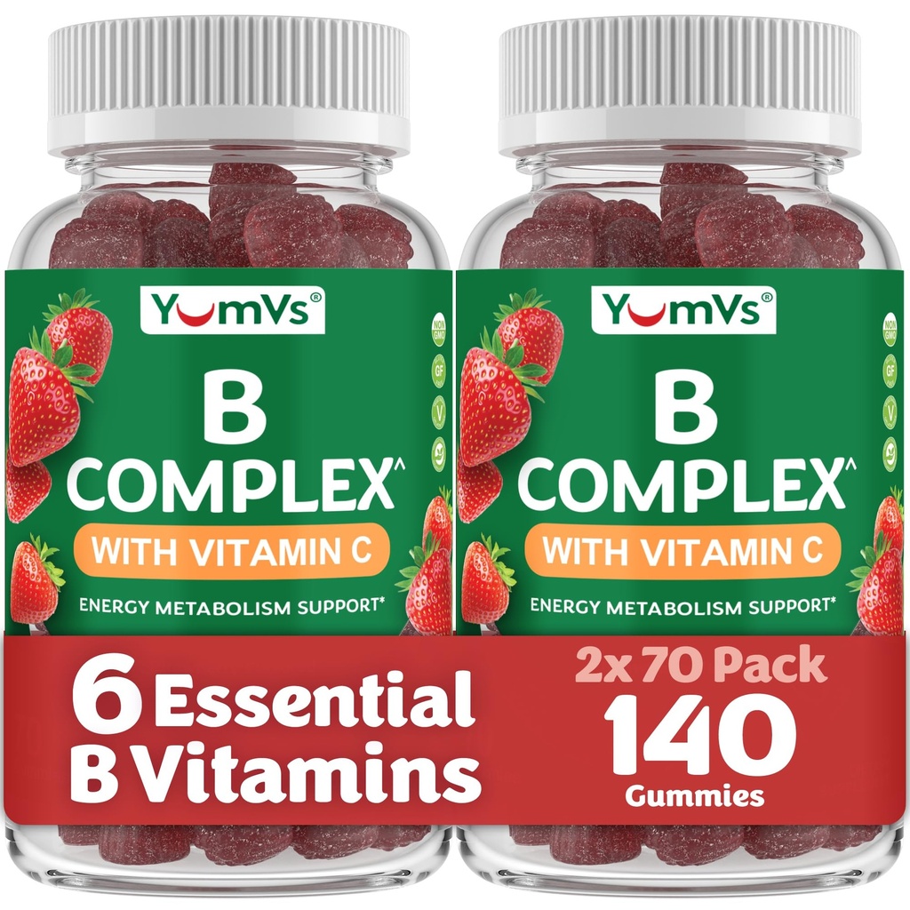 B Komplex Gummies med vitamin C - Stor smak 1 per dag energi och nervsystem stöd för vuxna - Vegan, Kosher, icke-GMO Vitamin B Komplex Gummies med B12, B6, & Folic Acid - 70 greve (2 Pack)