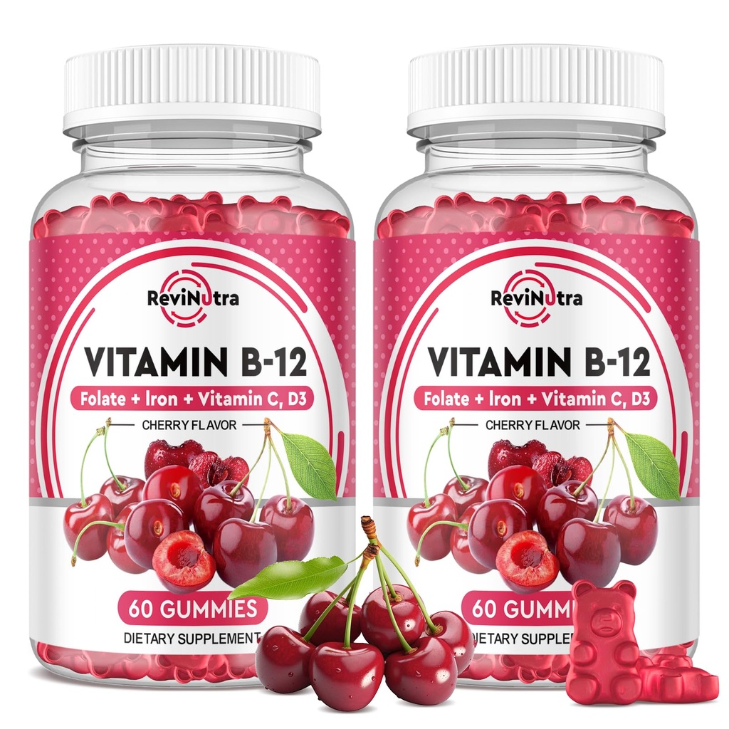 Vitamin B12 Gummies - 5000 mcg Methylcobalamin med järn, vitamin C, D3 & folat, energistöd och metabolism, Immune, B-12 Komplex tuggbart tillskott för män och kvinnor, 120 greve, 2 Pack