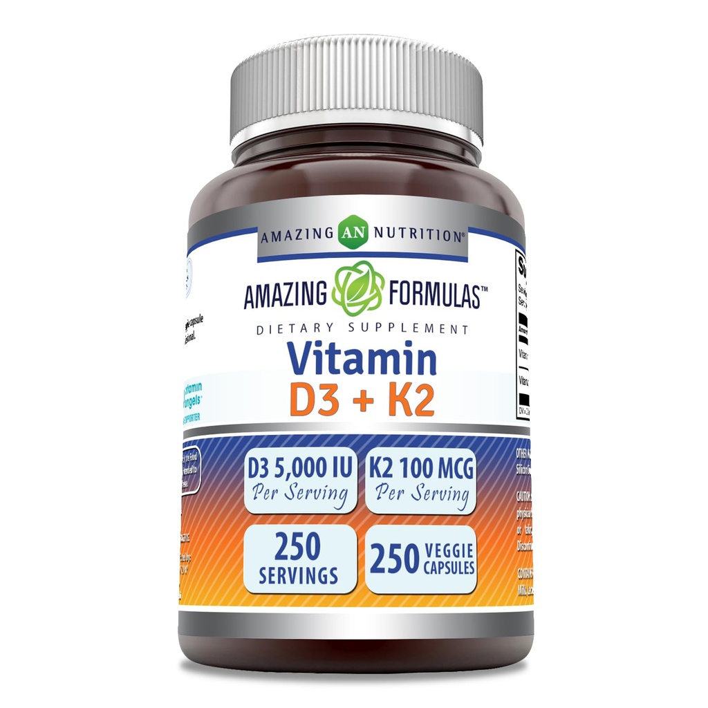 Fantastiska formler Vitamin D3 5000 IE med vitamin K2 100 Mcg| 250 Veggie Capsules | D3 + K2 Complex | Non-GMO | Gluten Free | Made in USA