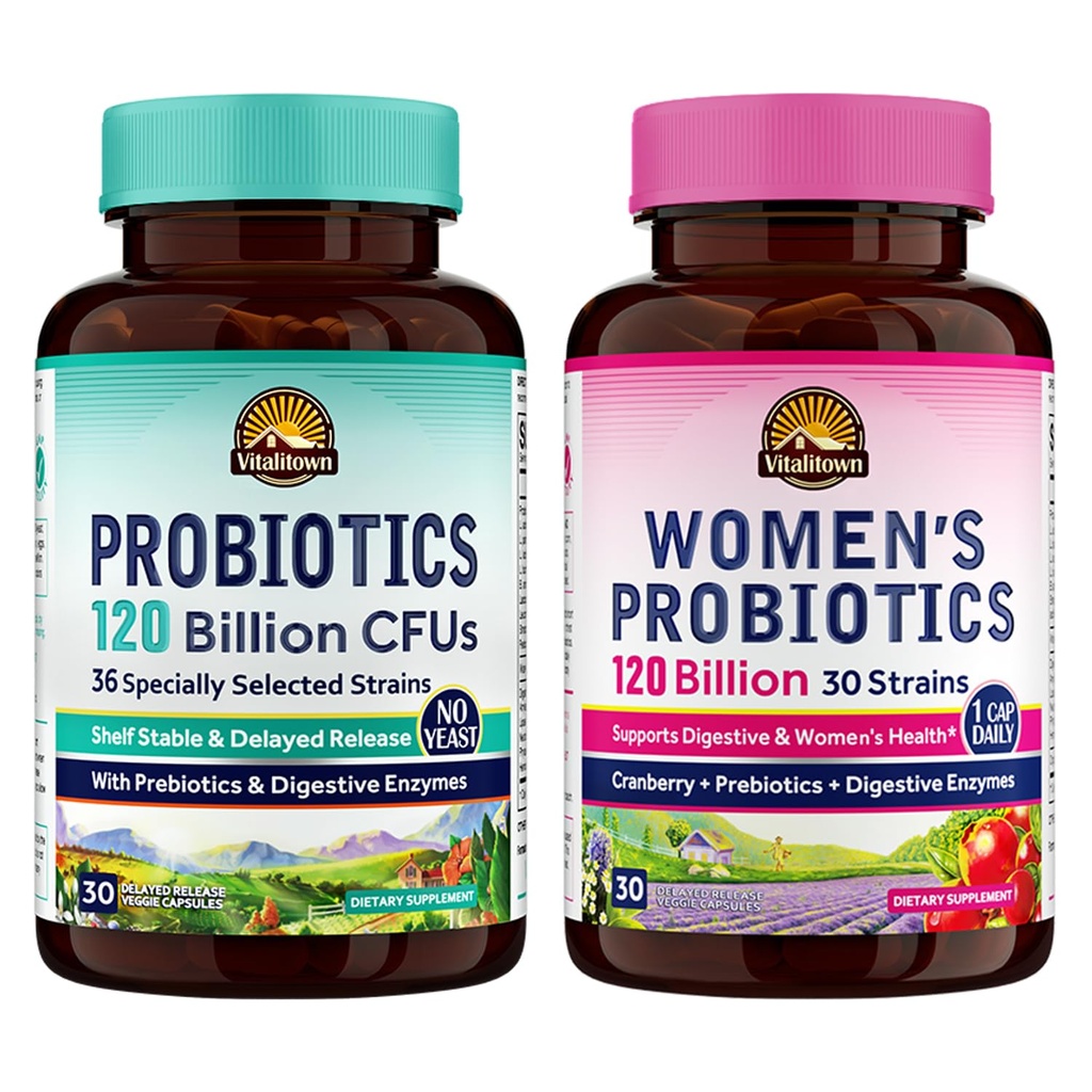 Vitalitown Probiotic Bundle (Pack of 2) | Probiotika 120 miljarder CFUs (post 1) & Women's Probiotics (punkt 2) | Shelf Stable, Once Daily | Gut, Immune, Vaginal Health | 60 Capsules | 30 Day Supply