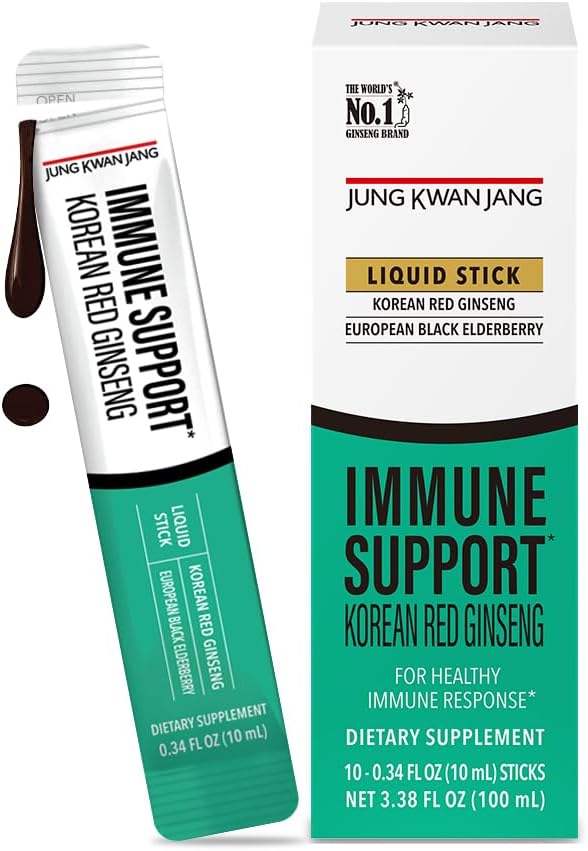 JUNG KWAN JANG Korean Red Panax Ginseng (800mg) och Elderberry (469mg) Immune Support Varje gång Extract Sticks, Antioxidant Supplement för Immunity och Daily Wellness, 10 Count