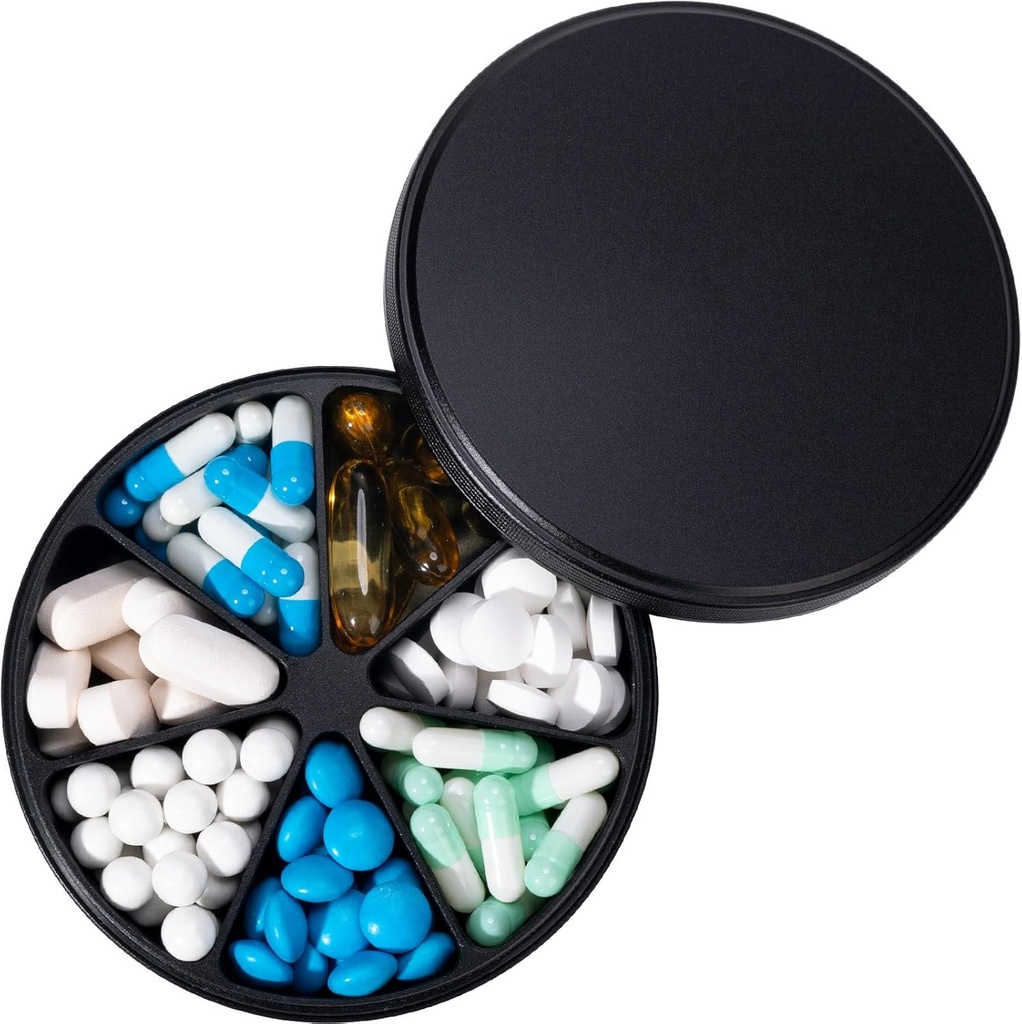 Metal Pill Dispenser Pill Organizer med 7 Compartments - Heavy Duty Anti-Mix Pill Container, Large Waterproof Daily Pill Box Pill Case for Vitamin, Medicine, Supplement, Fish Oil, 0,39lb (Black)