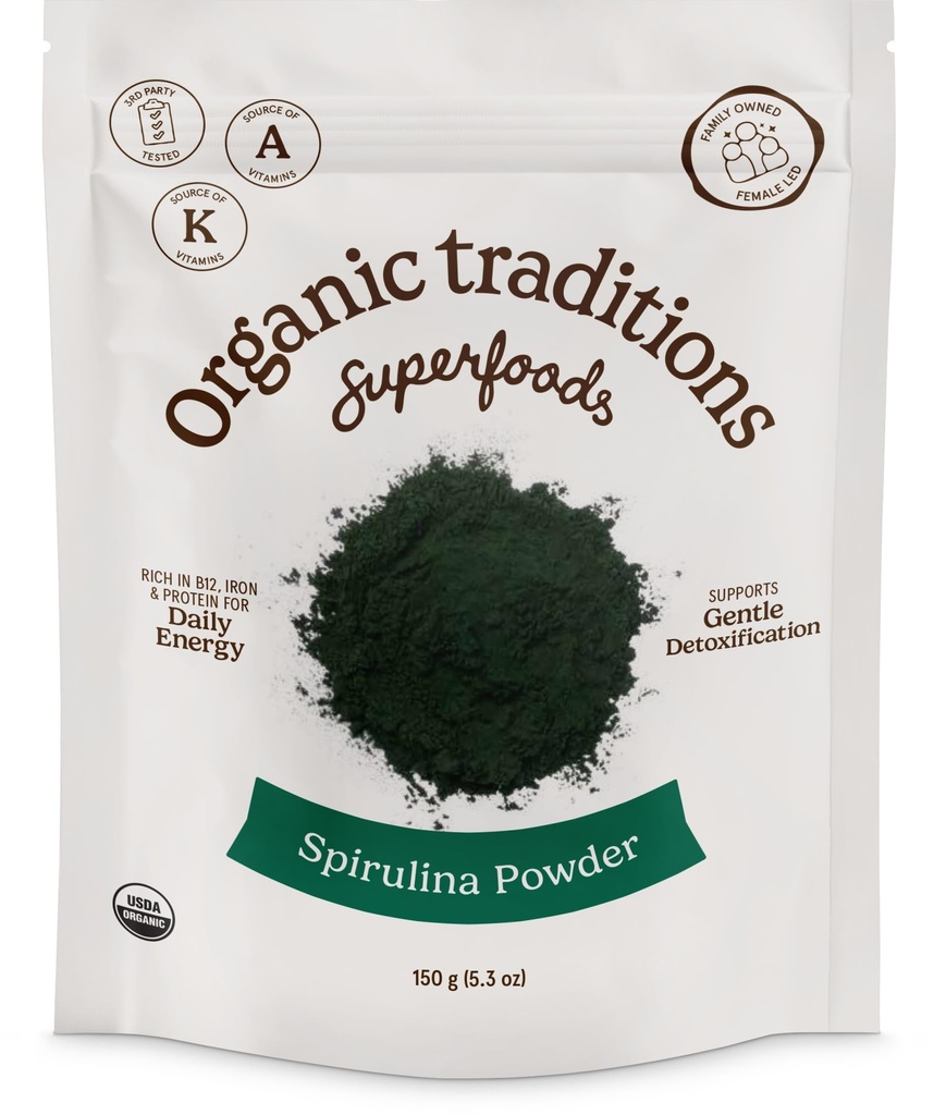 Organiska traditioner Organic Spirulina Powder Vegan Non-GMO Superfood, 5.3oz (150g) Bag, 50 portioner per väska