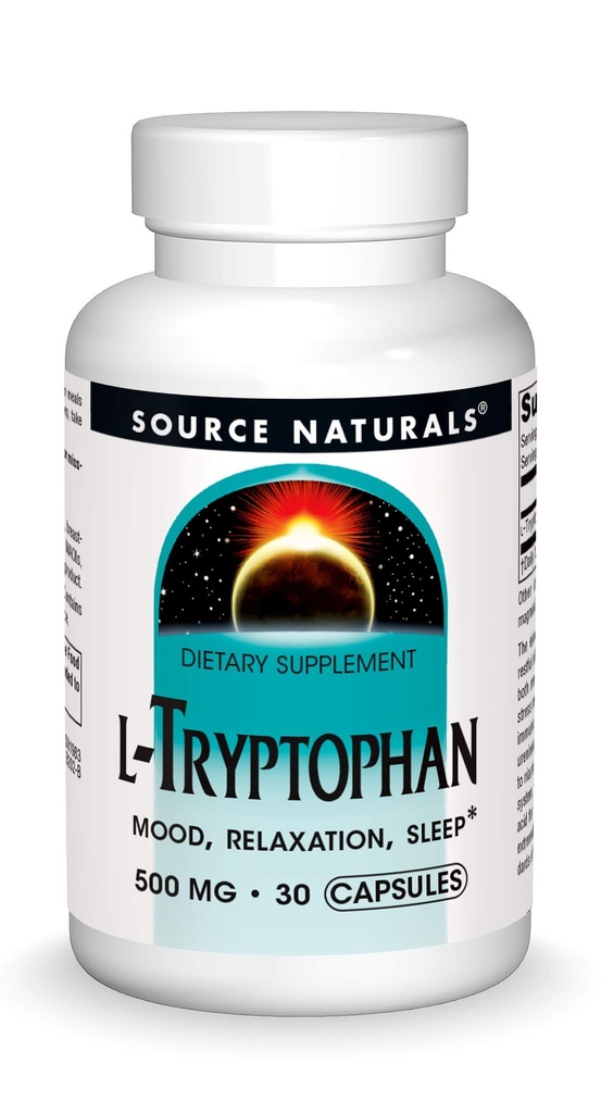 Källa Naturals L-Tryptophan, för humör, avkoppling och sömn *, 500 mg - 30 kapslar