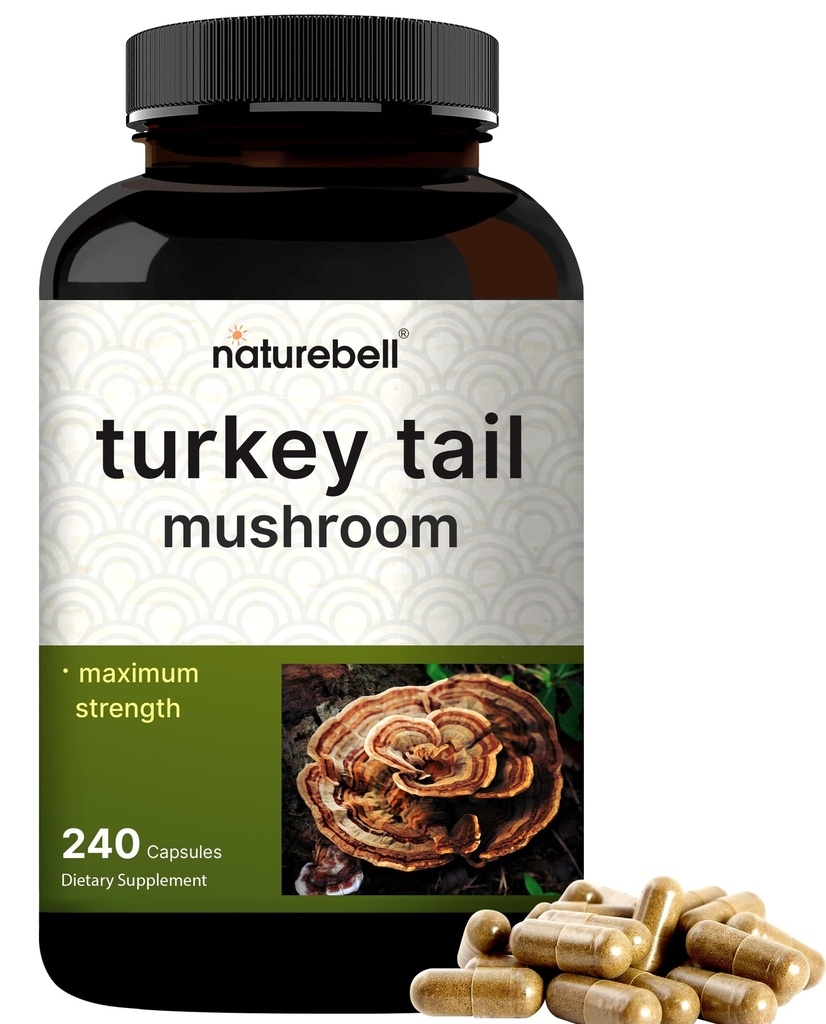NatureBell Turkey Tail Mushroom Capsules 15,000mg Per Serving, 240 greve | 25:1 Fruktande kropp & Mycelium Extract - Immune & Brain Health Mushrooms Supplement.