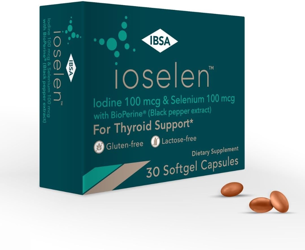 Ioselen - Thyroid Support Supplement - 100 mcg Selen, 100 mcg Iodine, 5mg BioPerine - 30 Soft-Gel Caps för ökad biotillgänglighet och Absorption - Glutenfri, Laktosfri, Sugar-Free, icke-GMO