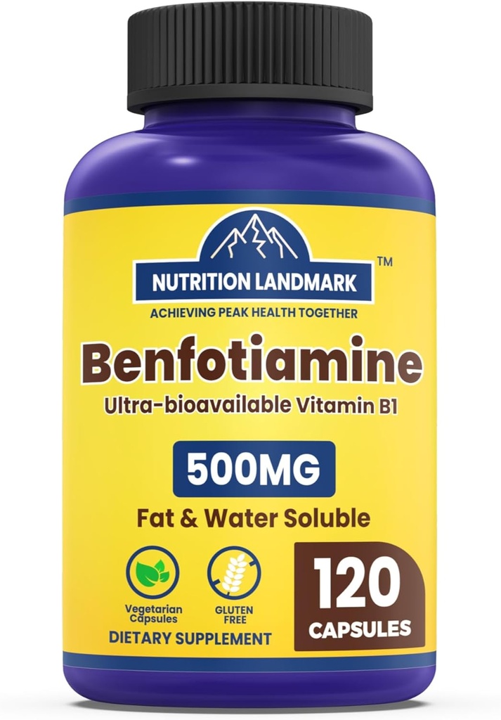 Vitamin B1 Benfotiamine, 500 mg per portion, 120 kapslar, fett och vattenlöslig vitamin B1, glutenfri, icke-GMO, vegetarisk