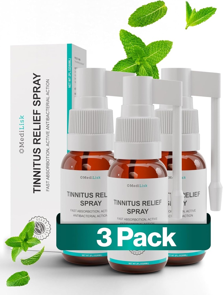 Medilisk Tinnitus Relief Spray - Stöder Tinnitus Relief för Ringing Ears - Herbal Ear Care Products - Non-Steroidal & Hypoallergenic - 1 Fl Oz - Pack med 3