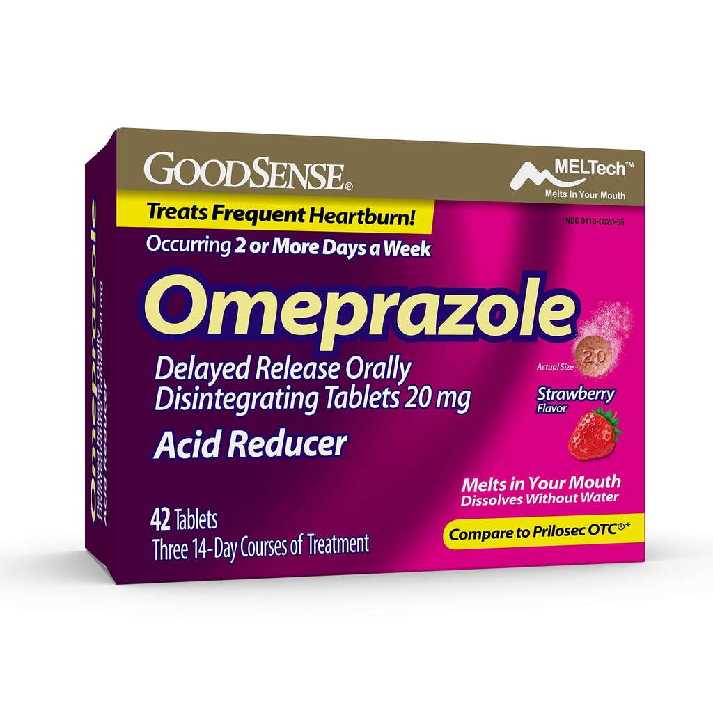 GoodSense Omeprazol försenad frisättning oralt sönder tabletter 20 mg, jordgubbssmak, lösa upp flikar, behandlar ofta hjärtbränna, syrareducer, hjärtburnmedicin, 42 tabletter