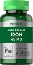 Piping Rock Iron Supplement 45 mg | 200 tabletter | för kvinnor och män | långsam frisättning Ferrous Sulfate | Vegetarian, icke-GMO & Gluten Free