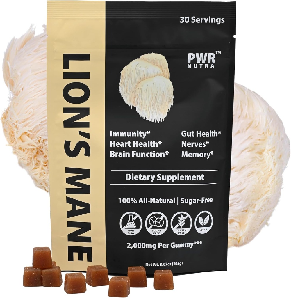 REAL Lion's Mane Mushroom Gummies - Hjärta, immunitet, inflammation, hjärnstöd, Vegan, sockerfri, GF, 30 SANT portioner, 3.7oz