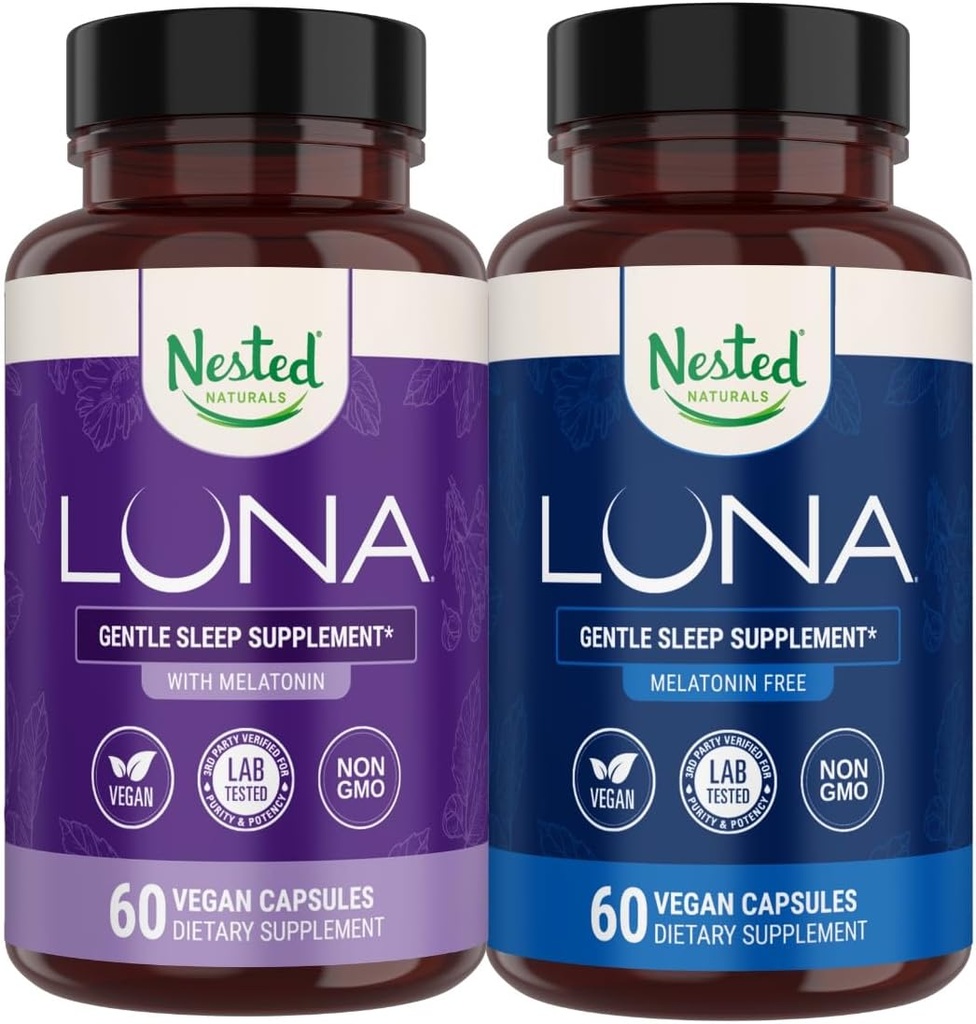 Nested Naturals Luna Sleep Aid Bundle | Luna & Luna Melatonin-Free Sleeping Pills med naturliga ingredienser Melatonin, Valarien och mer (120 greve)