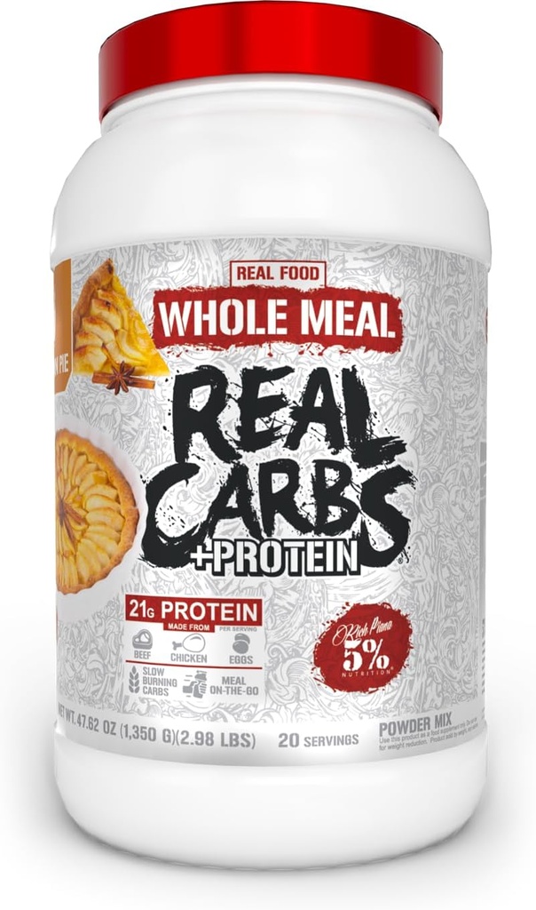 5% Nutrition Rich Piana Real Carbs + Protein | Clean Mass Gainer Meal Replacement Protein Powder | Kolhydrat för Pre Workout / Post-Workout Recovery Meal | 2,9 lb, 20 portioner (Apple Cinnamon Pie)