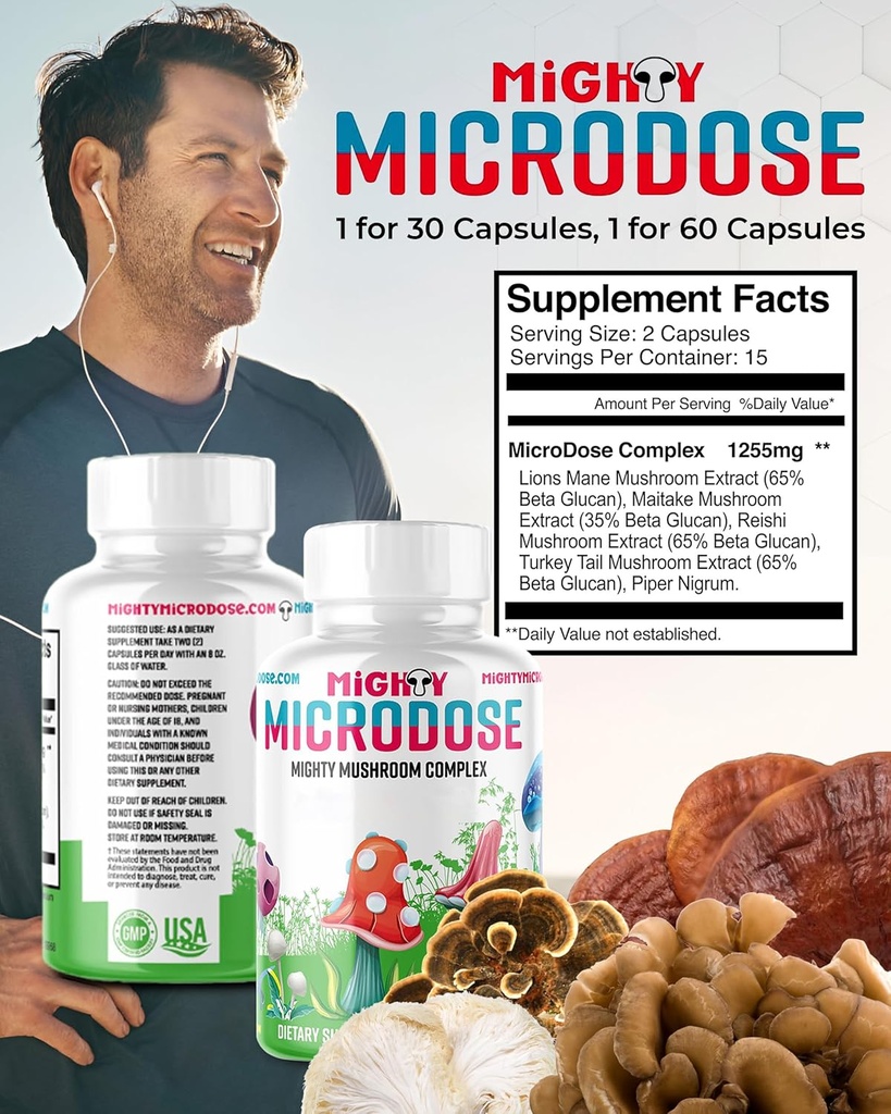 5-Mushroom Nootropic Blend - 60 kapslar, Turkiet Tail, Reishi, Maitake Mushroom Extract med High Beta Glucan, & Lion Mane Mushroom Supplement Capsules, Functional Mushrooms Herbal Supplements