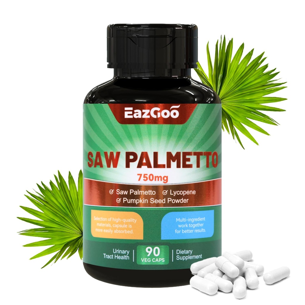 Saw Palmetto Supplement, Saw Palmetto Extract 750mg, med Lycopene, Pumpkin Seed Powder, för män och kvinnor, icke-GMO & Gluten, Vegan, 90 Count Capsules