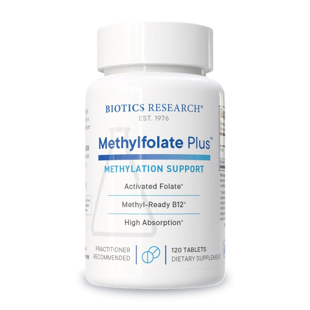 Biotics Research METHYLFOLATE PlusTM Methylfolate, Bioactive Folate + B12, stöder kardiovaskulär hälsa, Fetal Development, Nerve Health, Methylation Support, Homocysteine Levels. 120 tabletter