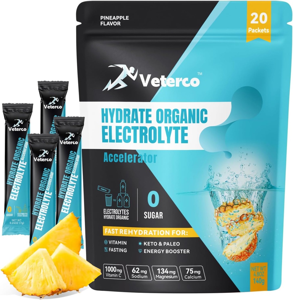 Hydration Electrolyte Powder, Electrolyte Drink, Hydration Supplement Drink Mix, Hydration Packets med Vitamin & Mineral, Keto Friendly, Vegan, Non-GMO, No Sugar, Pineapple Flavor (20 Sticks)