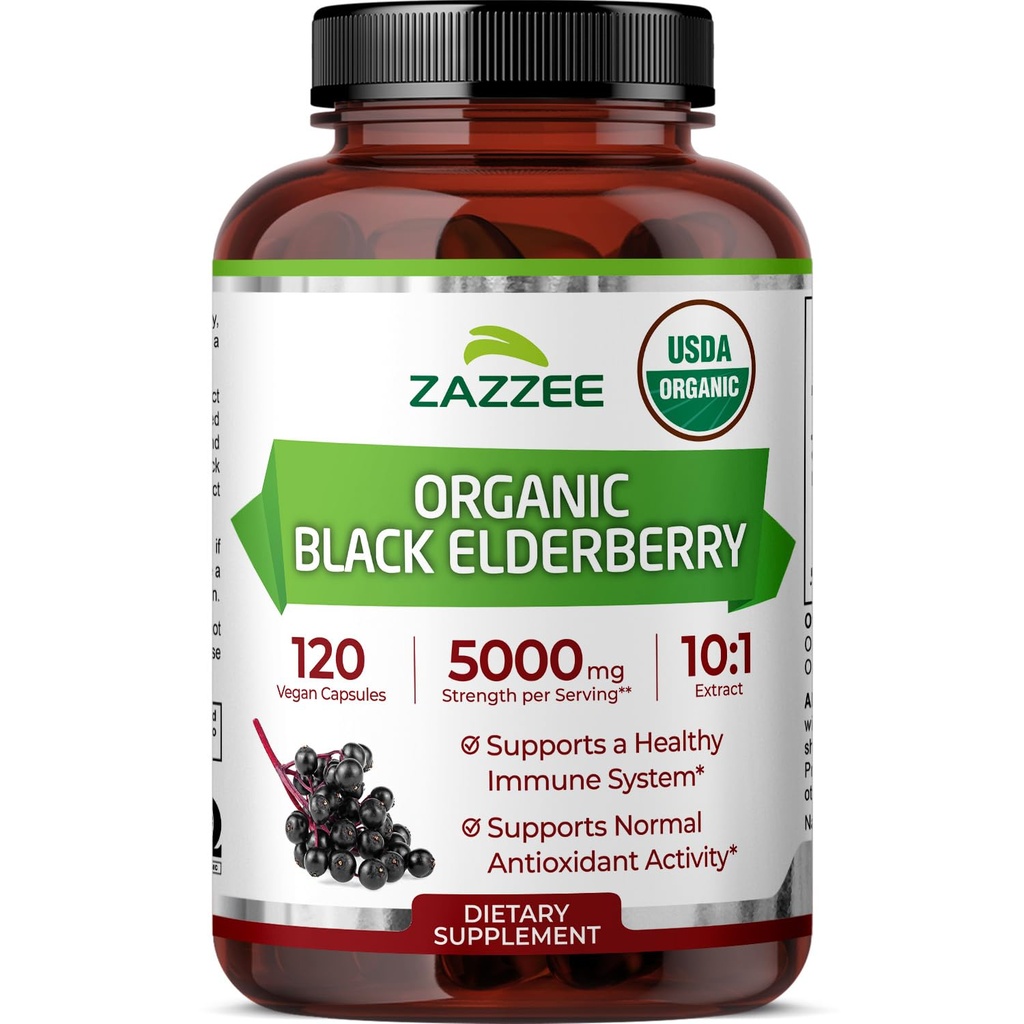 Zazzee USDA Organic Black Elderberry 10:1 Extract, 5000 mg Styrka, 120 Vegan kapslar, 2 månaders leverans, standardiserad, koncentrerad 10X extrakt, 100% vegetarisk, all-naturlig, icke-GMO, tillverkad i USA