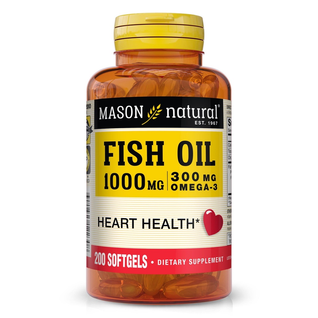 MASON NATURAL Omega,3 Fiskolja, 200, Dag Supply, 1000mg med EPA och DHA för gemensamt stöd, Softgel Pills
