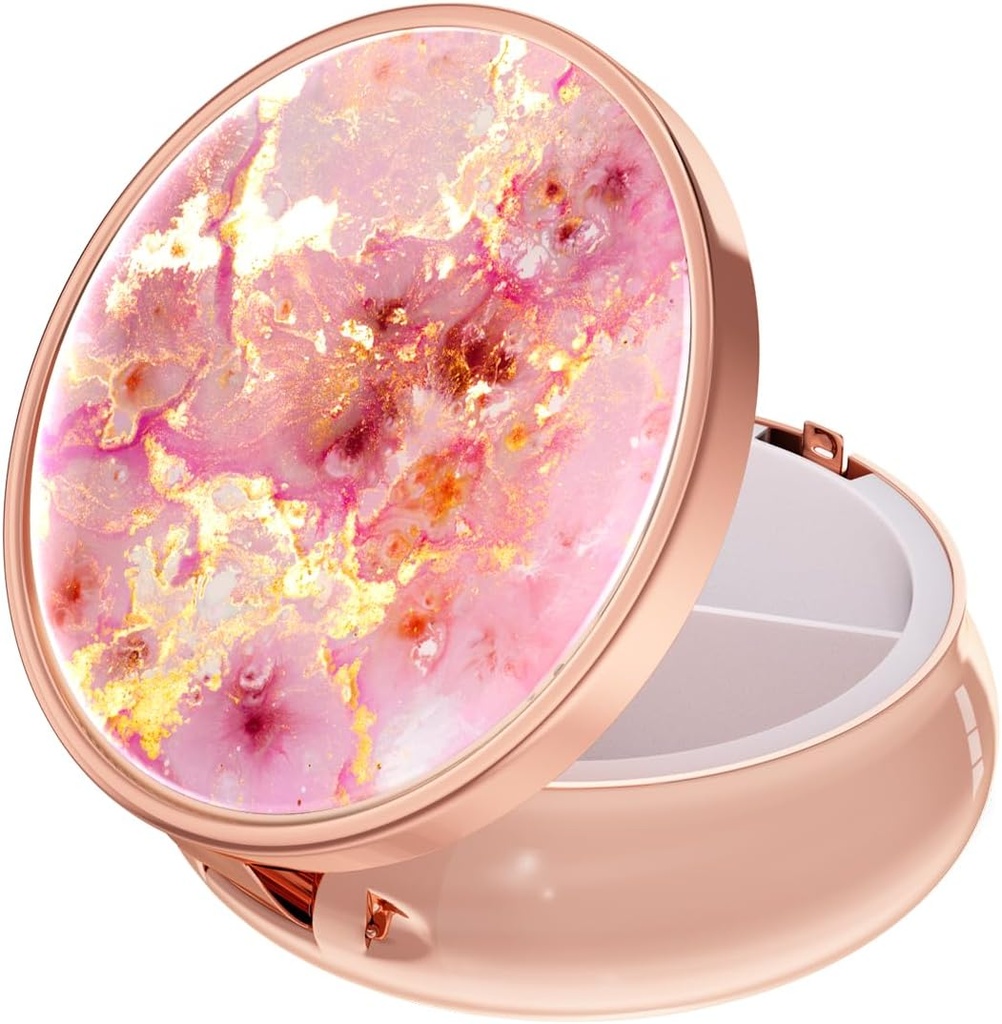 Rouidr Pill Box, 3 Compartment Medicine Pill Case, Small Metal Travel Medicine Box för Purse & Pocket, Rose Gold, Gold Pink Marble