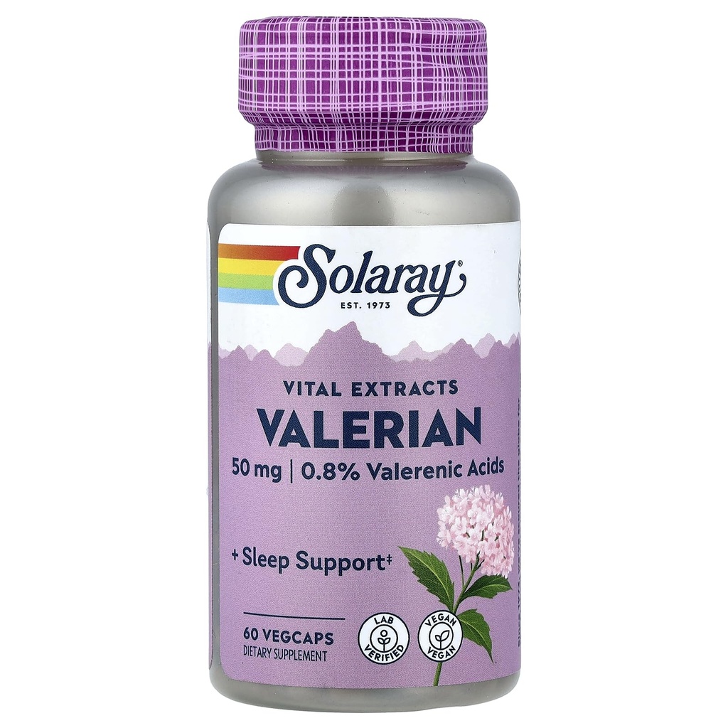 SOLARAY Valerian Root Extract 50 mg | Avslappningsstöd för en hälsosam sömncykel | 0,8% Valerenic Acids | 60 CT