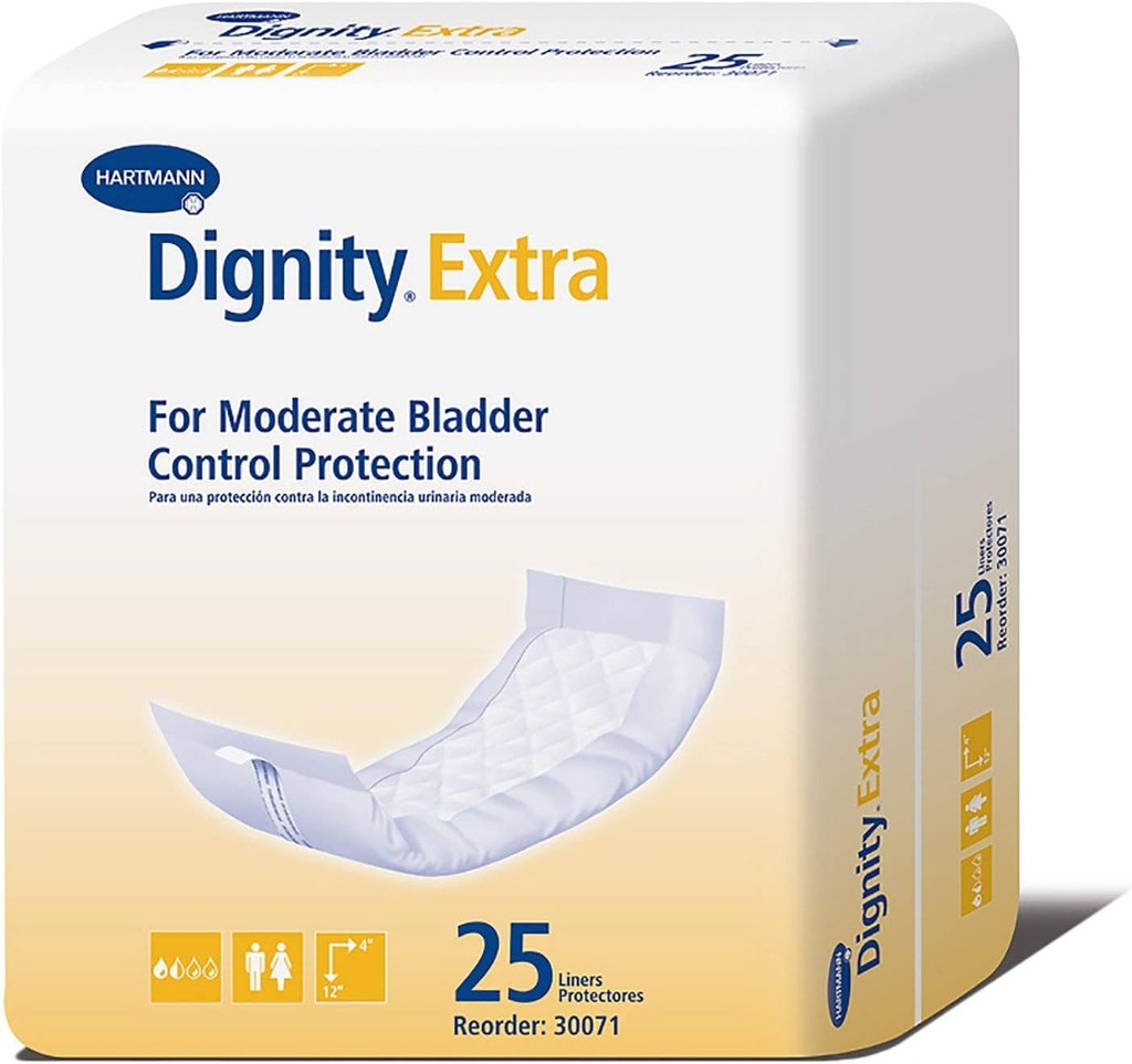 Dignity Extra Incontinence Liner för män och kvinnor - Bladder Leak Pads, Moderate Absorbency - En storlek passar mest, 4 i x 12 i, 25 greve, 1 Pack