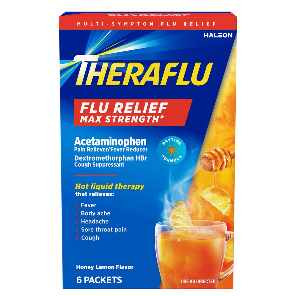 Theraflu Max Strength Daytime Flu Medicine för Flu Symptom Relief med Acetaminophen och Dextrometorphan HBr, Honey Lemon smaksatt - 6 Powder Packets