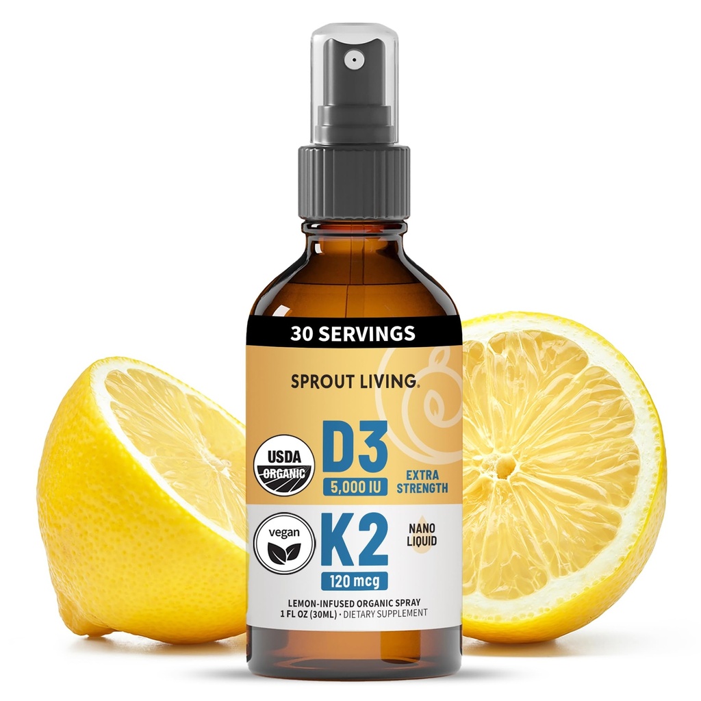 Organisk vitamin D3 5000 IE (Lichen) + K2 120 mcg (Fermented Chickpea), Immune, Bone & Heart Health med Calcium Absorption | Spåra mineraler, Lemon & Citrus, Sugar Free, Spray (1 FL OZ, 30 portioner)