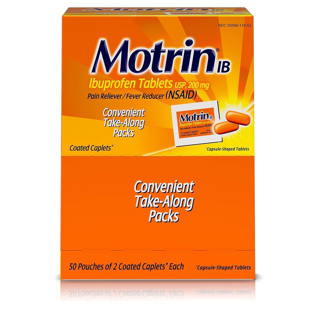 Motrin IB - Ibuprofen tabletter, två tabletter per paket, 50 paket totalt, en låda