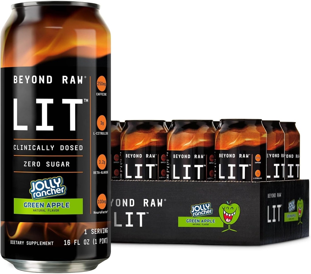 Bortom Raw LIT Redo att dricka Pre Workout, Jolly Rancher Green Apple, För Energi, Fokus, Intensitet och Pumpar, Med Nitric Oxide Boost, Zero Sugar, 250mg Koffein med Beta Alanine, 12 Cans