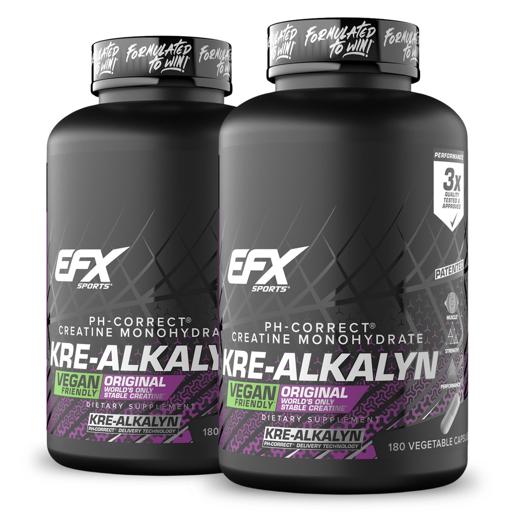 EFX Sports Kre-Alkalyn EFX | pH Correct Creatine Monohydrate Pill Supplement | Vegan Friendly | Strength & Muscle Growth | 90 Servings, 180 Veggie Capsules (Pack of 2)