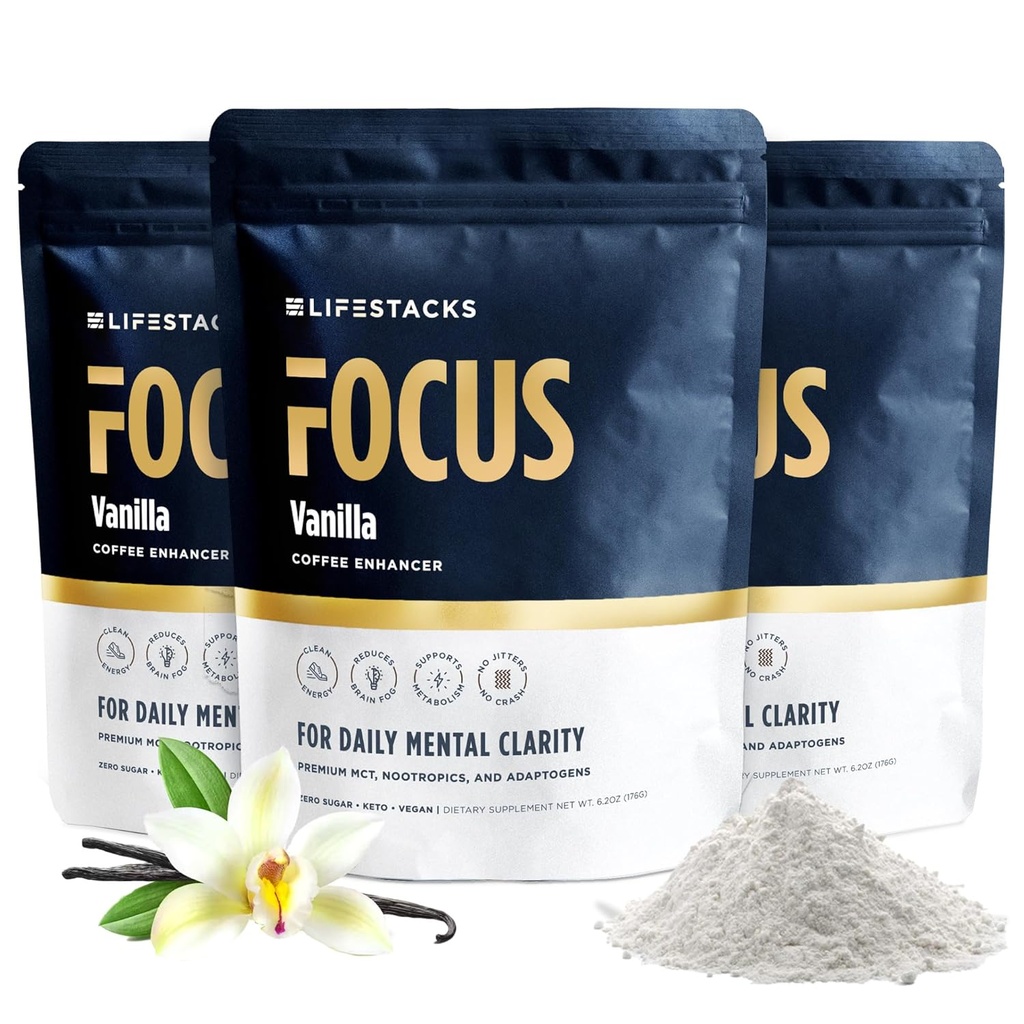 Vanilla MCT Oil 3-Pack - Boost Energy & Clarity - MCT Powder + Nootropics + Adaptogener för en förbättrad kaffeupplevelse - Keto, Vegan, 0 Sugar - med Taurine, L-Tyrosine, Rhodiola & More