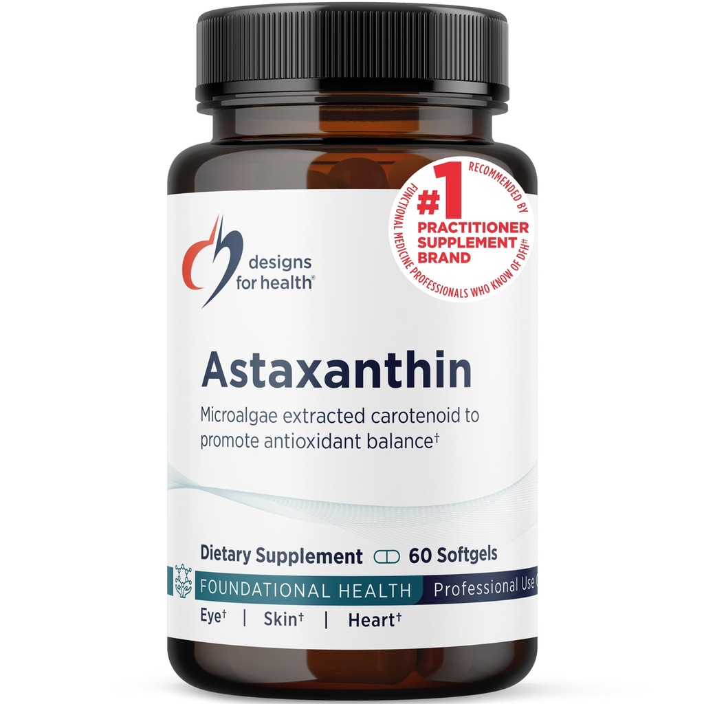 Designs for Health Astaxanthin - Microalgae (Haematococcus Pluvialis) Extracted Carotenoid Antioxidant Supplement - Stöd för kardiovaskulär, GI, Skin + Eye Health (60 Softgels)