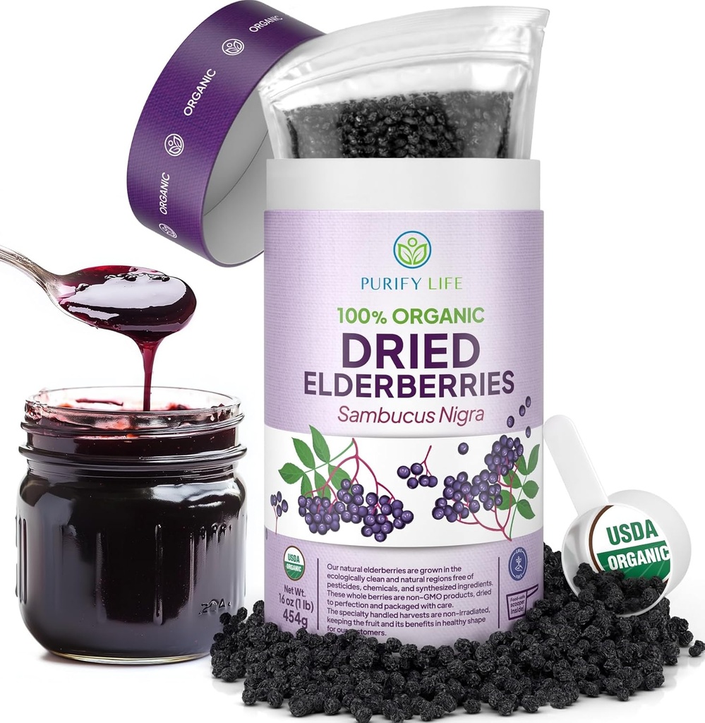 USDA Organic Dried Elderberries 1lb Bulk (Safest Packaging, Resealable Bag, BPA-Free Scoop) Naturlig, icke-irradierad, Raw Whole Black Elderberry, Immune Support, Gör Sambucus Elderberry Syrup, 1 pund