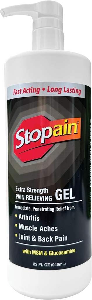 Stopain Pain Relief Gel 32oz, USA Made, Max Strength Fast Acting with Menthol, MSM, Glucosamine for Joint Pain, Back Pain, Arthritis, Knee, Neck Pain, HSA FSA Godkänd OTC Topical Analgesic Product
