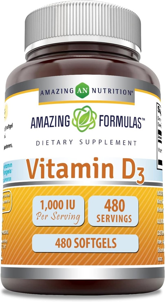 Fantastiska formler Vitamin D3 1000 IE Softgels Supplement | Non-GMO | Gluten Free | Paketerad i USA (1 Pack | 480 greve)