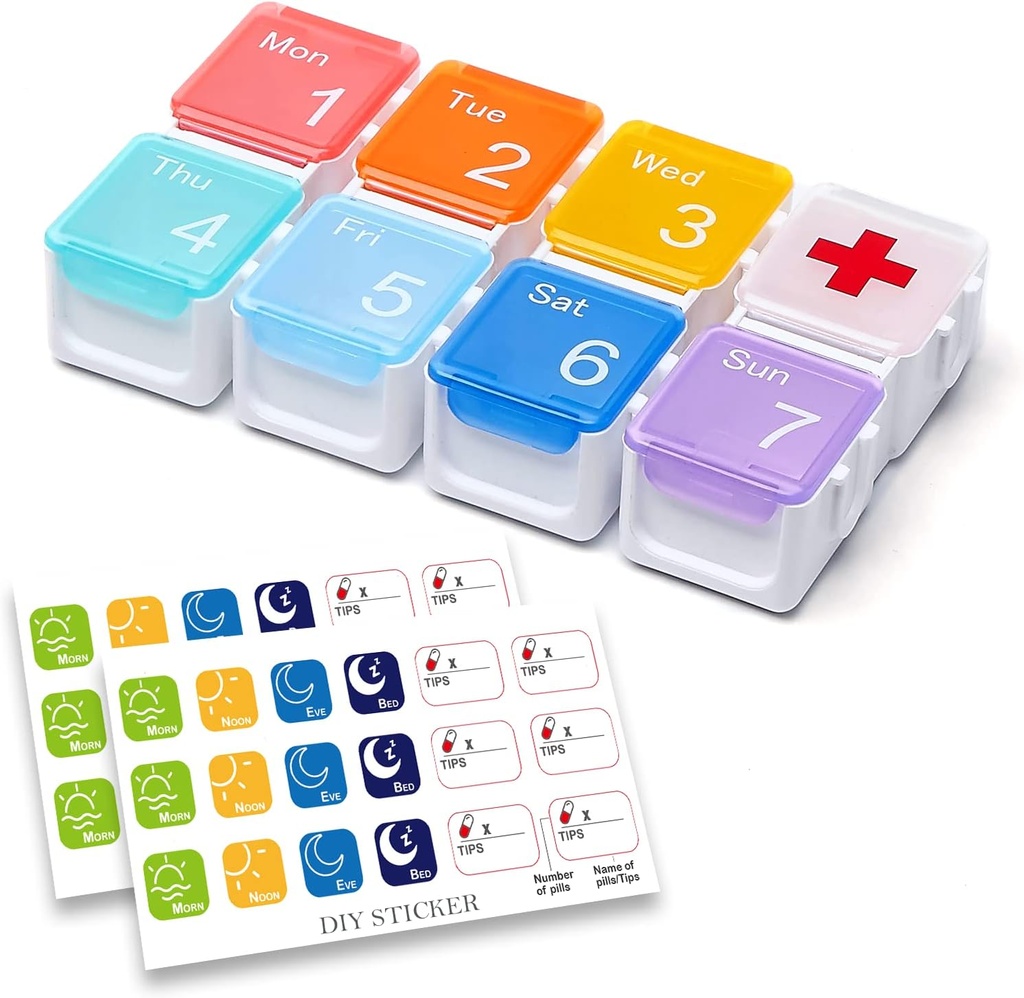 Medicine Organizer, DIY Travel Weekly Pill Organizer case, Daily Pill Box / Container 7 Day, Pill Dispenser / Container för vitamin / fiskolja (1 Time A Day, Rainbow)