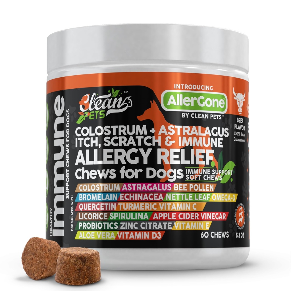 Hund Allergy Relief Chews | Itchy Skin Relief för hundar | Colostrum Astralagus Omega 3 Bee Pollen Bromelain Echinacea Nettle Leaf Quercetin Licorice Root Spirulina ACV Immun - Pack av 1