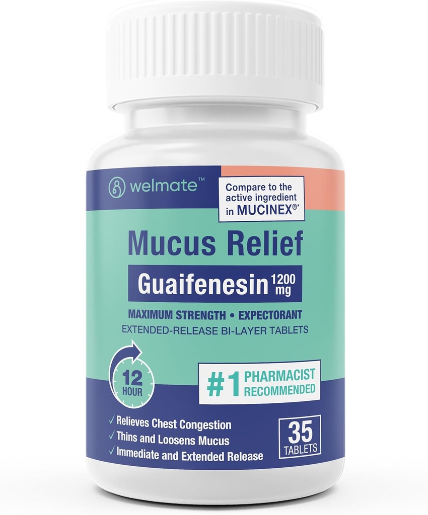 WELMATE - Guaifenesin 1200mg (35 tabletter) - Mucus Relief - Expectorant - Cough & Cold - 12 Hr Support - Extended-Release Bi-Layer Tablets - Over-The-Counter Medicinering