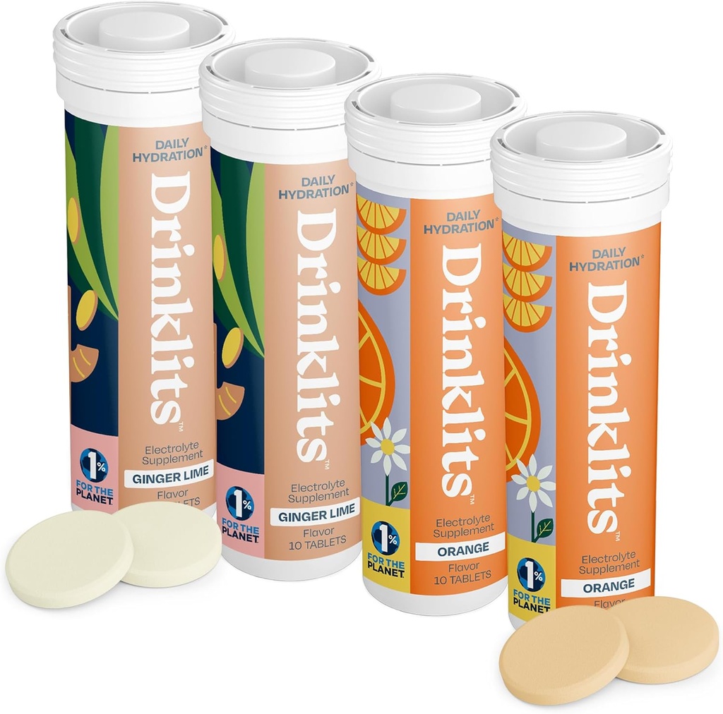 Drinklits Ginger-Lime & Orange Electrolyte tabletter (4) Tube Bundle | Daily Hydration Combo Pack | Utsökta naturliga smaker - 0g Sugar | 40 portioner - 10 tabletter Per Tube