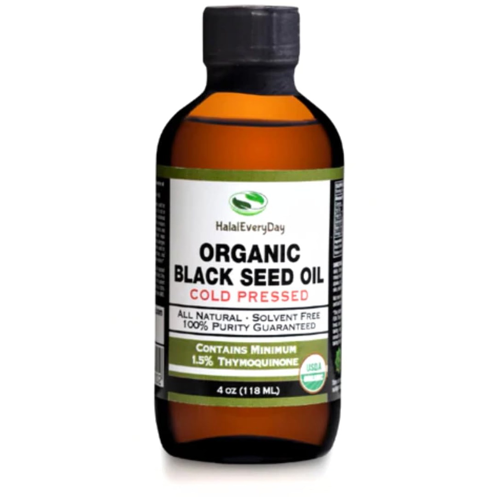 Organic Black Seed Oil - USDA Certified Cold Pressed Glass Bottle Över 1,5% Thymoquinone 3X Styrka Turkiska Black Cumin Nigella Sativa Non-GMO 100% Pure Blackseed Oil (4oz Glass Bottle)
