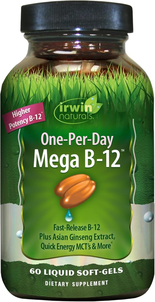 Irwin Naturals Mega B-Complex - 60 Liquid Softgels - Vitamin B Complex med vitamin B12, Folate B9, Biotin B7, B1, B2, B3, B5, B6 och Quick Energy MCTs
