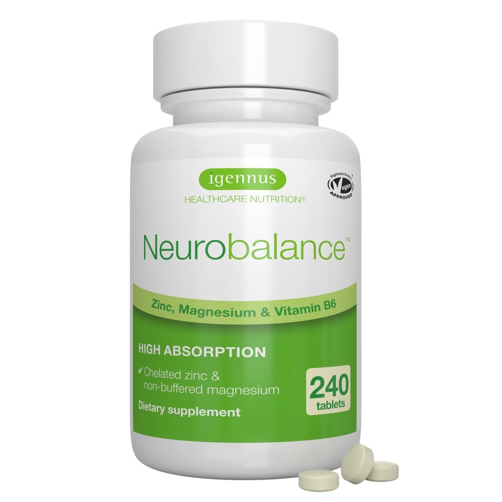 Igennus Neurobalance High Absorption Zinc Magnesium & B6 Complex, kognitivt stöd, Focus & Muscle Recovery, 24mg Chelated Zinc Picolinate, All Day Nutrient Delivery, Vegan, Non-GMO, 240 tabletter