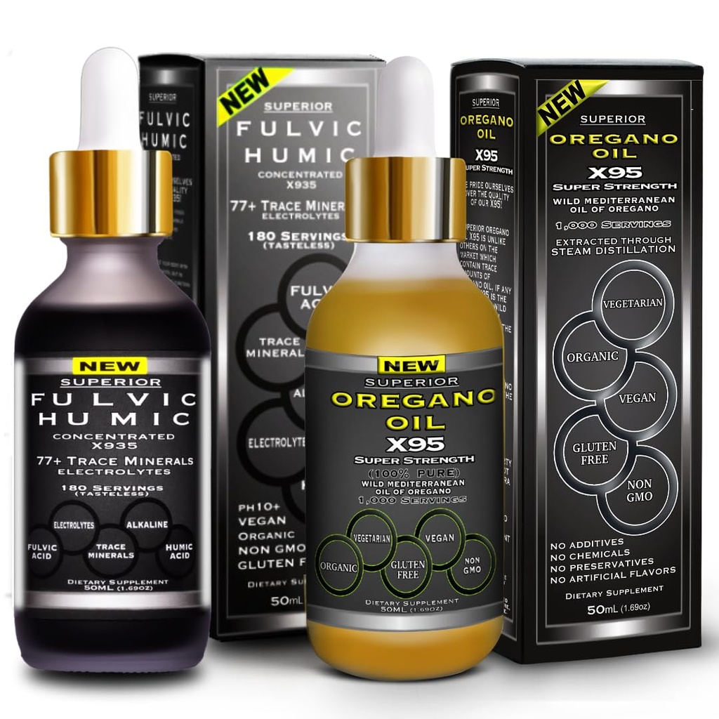 Fulvic Humic Acid Ionic Trace Minerals with Electrolytes Liquid Supplement Plus Oregano Oil Drops Super Strength More Versatile Then Oil of Oregano Softgels and Capsules