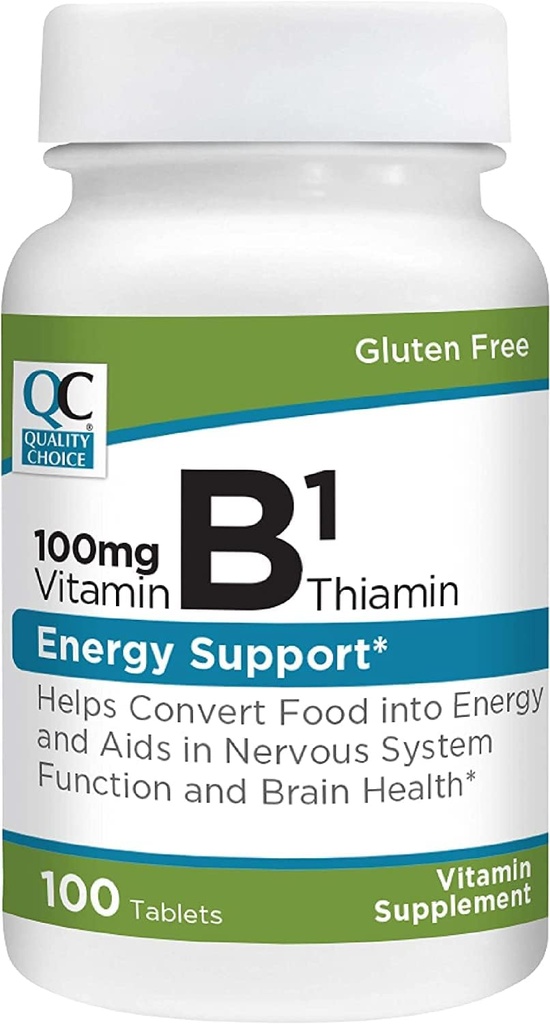 Kvalitetsval Vitamin B1 Thiamin 100 mg Energisupport, Nervous System Function, & Brain Health Vitamin Supplement Tablets, 100 Count Bottles
