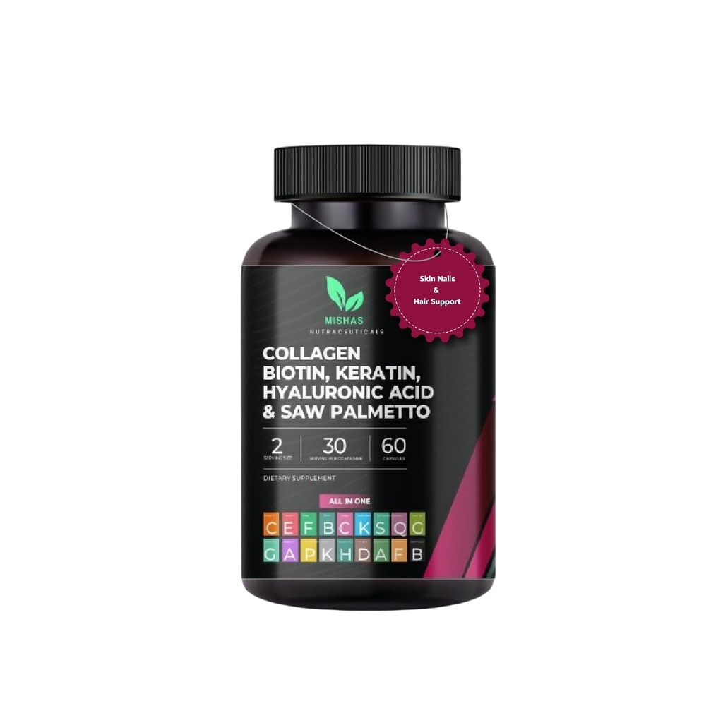 Multi Collagen Hair Pills - Biotin 10,000mcg, Keratin & Hyaluronic Acid - Hårtillväxt - Hår hud & naglar Vitaminer & DHT Blocker - Vitamin E Folic Acid Pumpkin Seed MSM, Saw Palmetto 60 Vegan kapslar