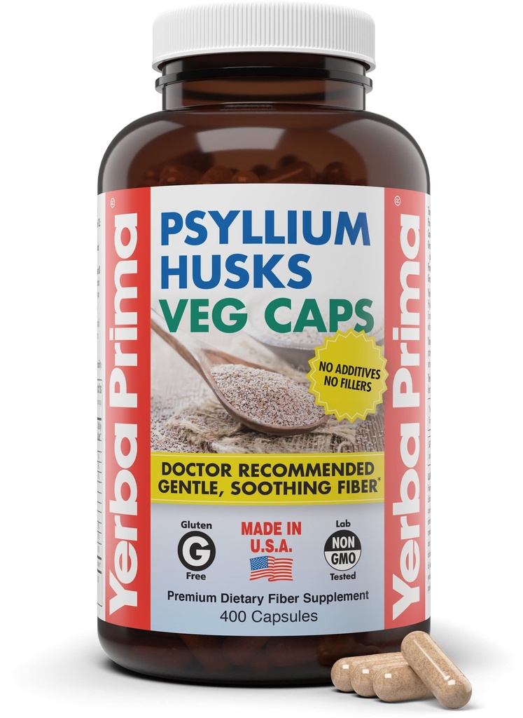 Yerba Prima Psyllium Husks Veg Caps, 400 Capsules (625mg) - Vegan, icke-GMO, Gluten Free, Colon Cleanser, Daily Fiber Supplement för Gut Health & Regularity