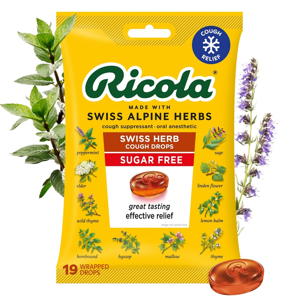 Ricola Sugar Free Swiss Herb Cough Drops, 19 Count, Cough Suppressant & Throat Relieving Drops med naturligt källad Menthol, Pleasing Taste for Coughs & Throat Irritation Symptom Relief