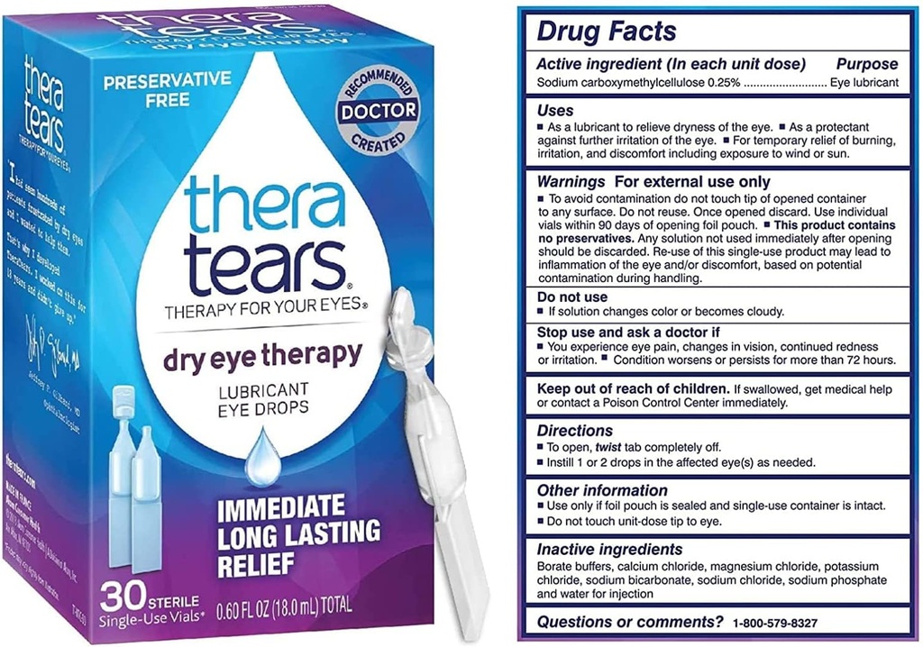 TheraTears Dry Eye Therapy Lubricating Eye Drops för torra ögon, konserveringsfria ögondroppar, 30 Single-Use Vials (3 Pack)