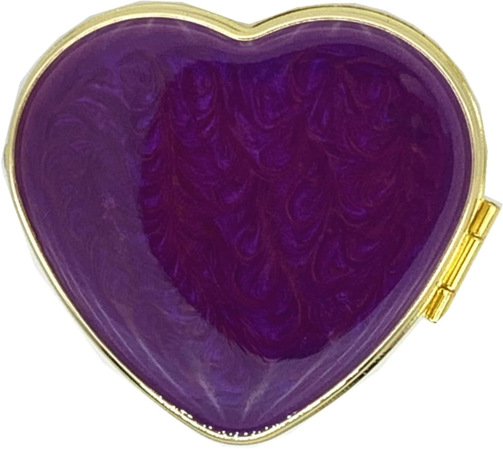 Vintage Pill Organizer Portable Compact Cute Retro Pill Box Metal Pill Case for Purse/Pocket to Hold Vitamins/Tylenol/Supplements/Fish Oil/Meds/Tablet (Noble Purple Love Heart with Mirror)